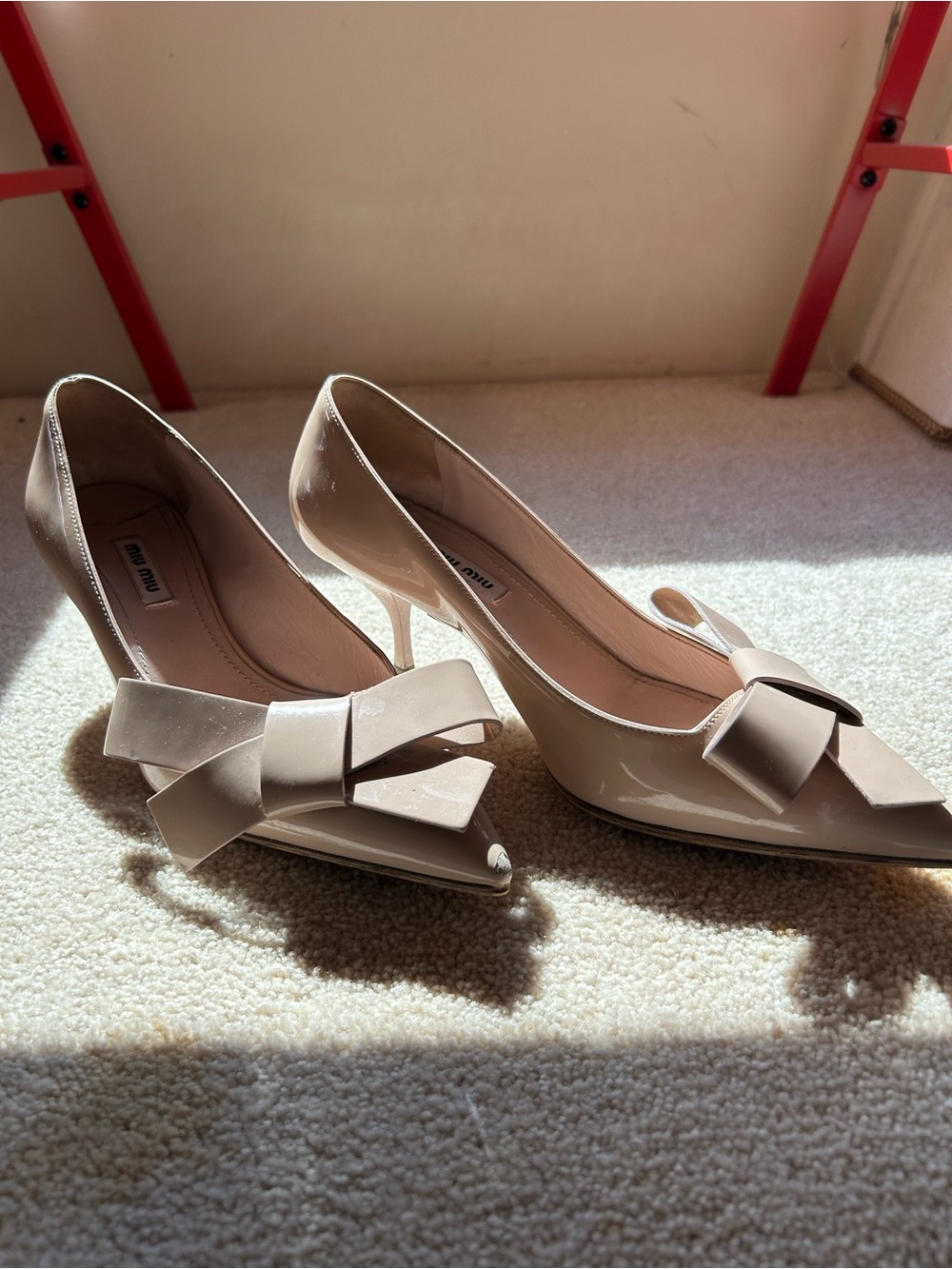 Miu Miu Blush Patent Bow Pointed-Toe Pumps